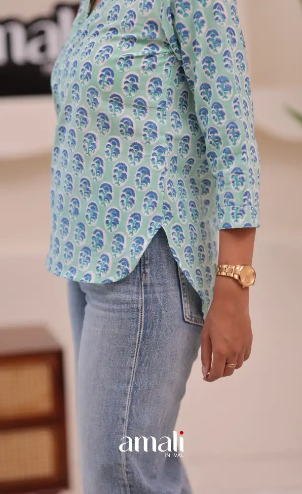 Pale bluish green Jaipur Hand Block-Printed Short Top - salwar
