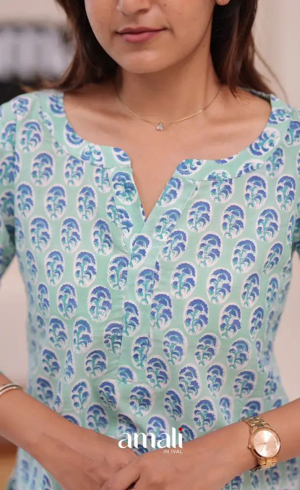 Pale bluish green Jaipur Hand Block-Printed Short Top - salwar