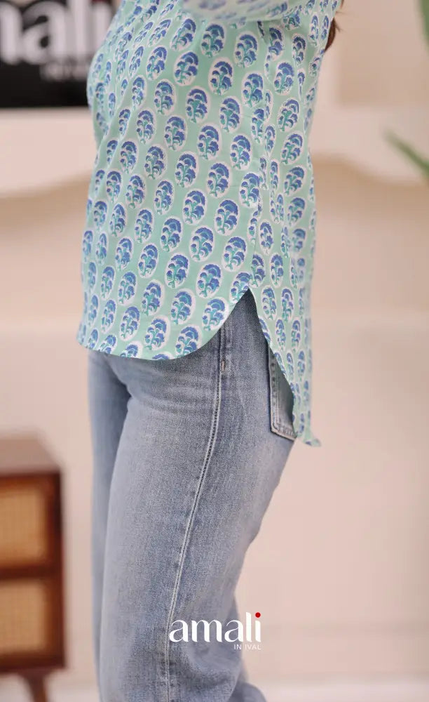 Pale bluish green Jaipur Hand Block-Printed Short Top - salwar