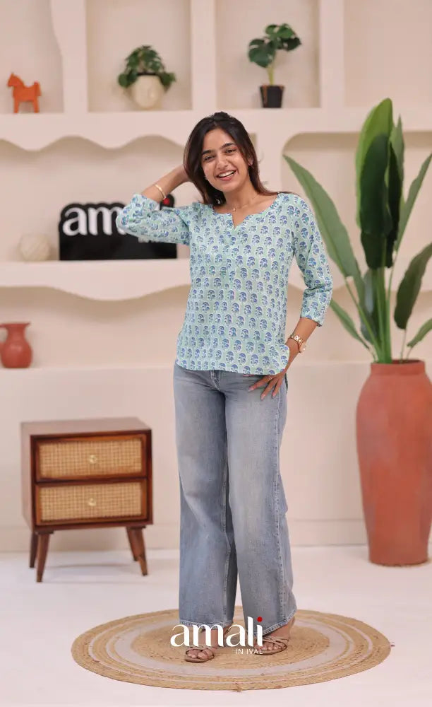 Pale bluish green Jaipur Hand Block-Printed Short Top - salwar