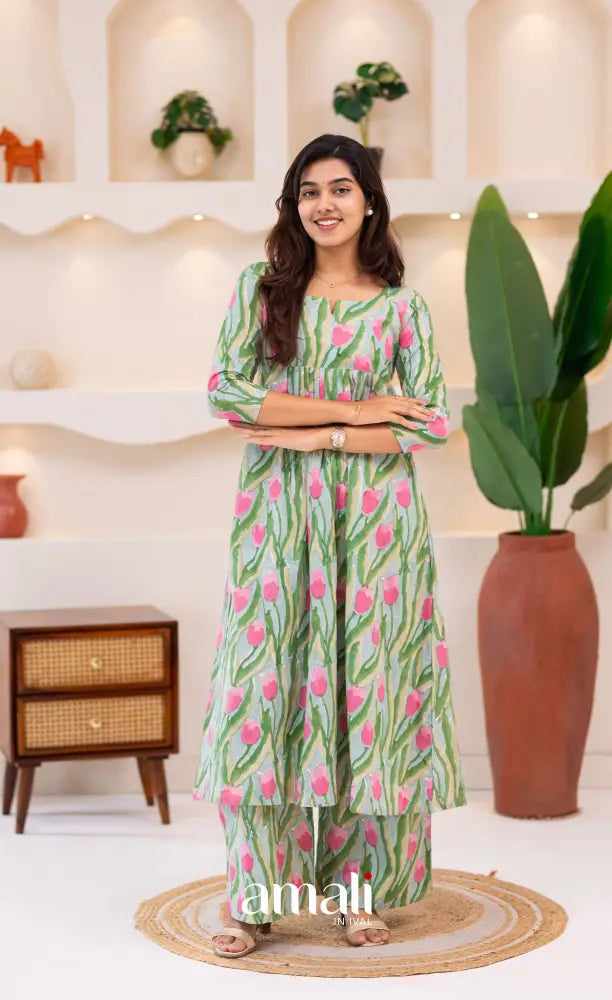 Pastel Blue and Pink Jaipur Print Cotton A-line Top and Pant - salwar