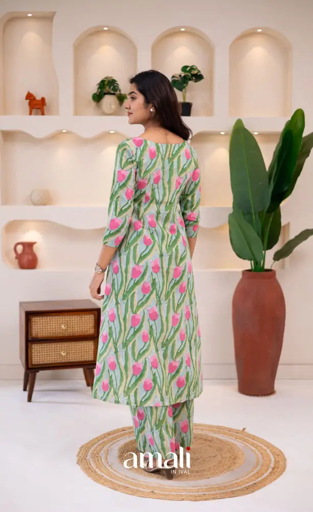 Pastel Blue and Pink Jaipur Print Cotton A-line Top and Pant - salwar