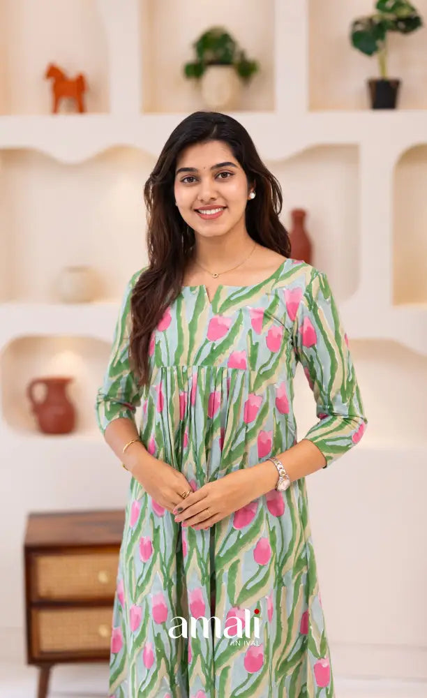Pastel Blue and Pink Jaipur Print Cotton A-line Top and Pant - salwar
