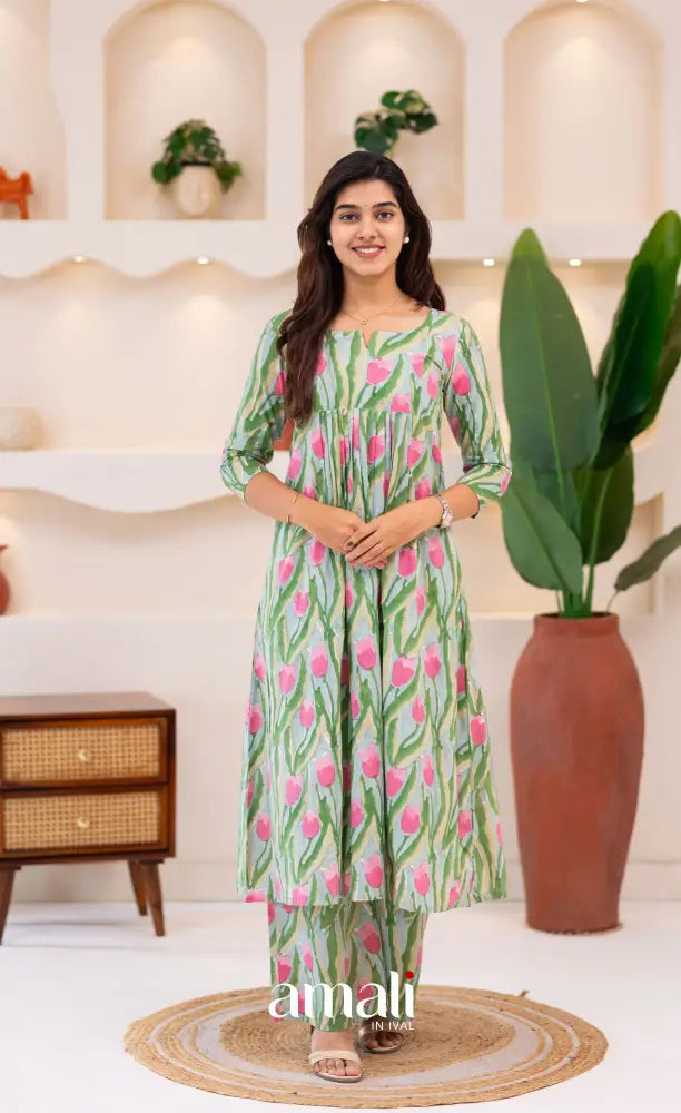 Pastel Blue and Pink Jaipur Print Cotton A-line Top and Pant - salwar