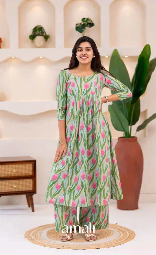 Pastel Blue and Pink Jaipur Print Cotton A-line Top and Pant - salwar