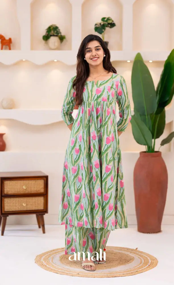 Pastel Blue and Pink Jaipur Print Cotton A-line Top and Pant - salwar