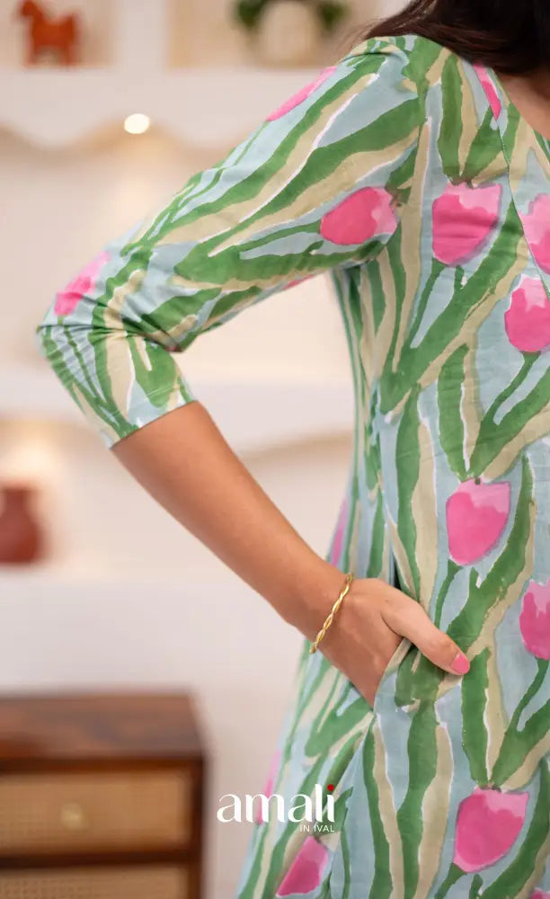 Pastel Blue and Pink Jaipur Print Cotton A-line Top and Pant - salwar