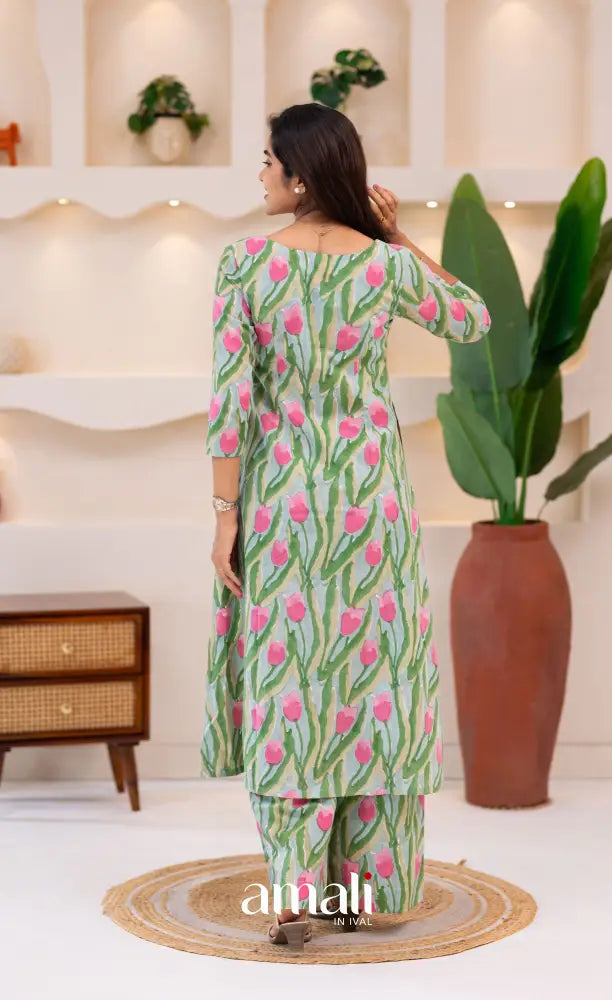 Pastel Blue and Pink Jaipur Print Cotton A-line Top and Pant - salwar