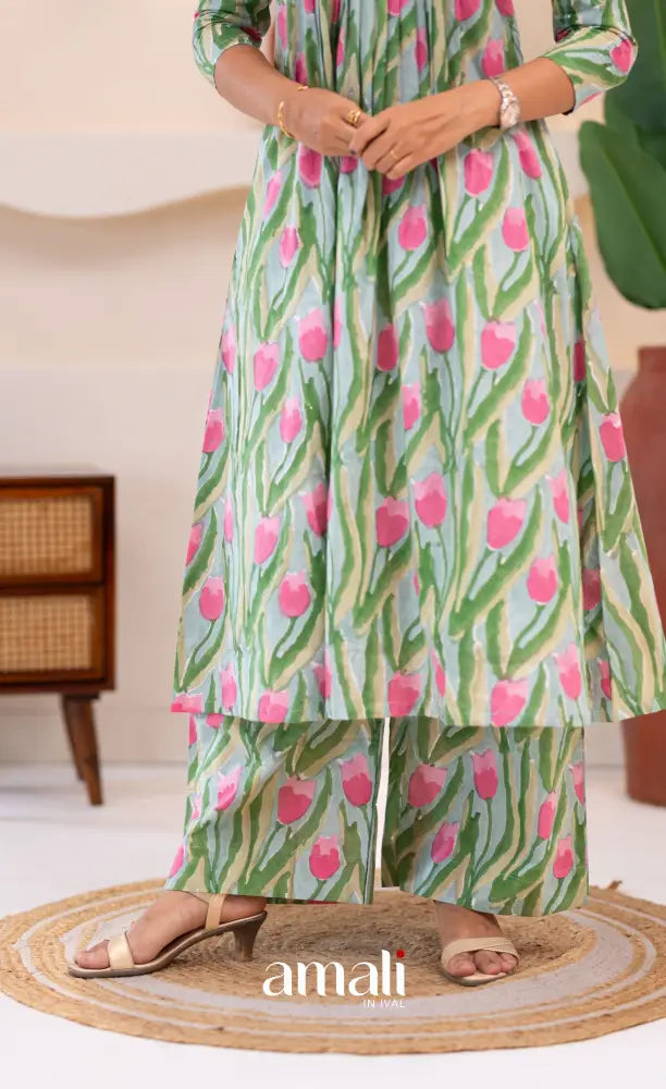 Pastel Blue and Pink Jaipur Print Cotton A-line Top and Pant - salwar