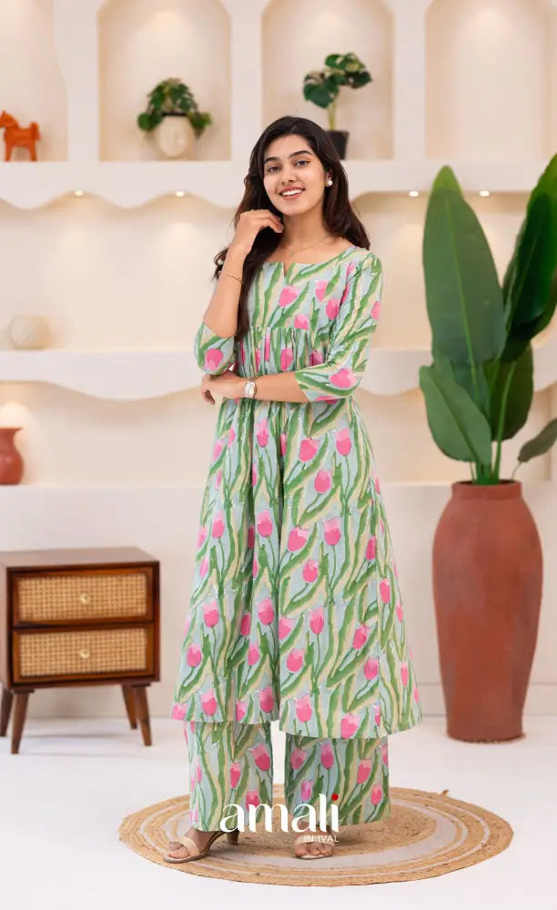 Pastel Blue and Pink Jaipur Print Cotton A-line Top and Pant - salwar