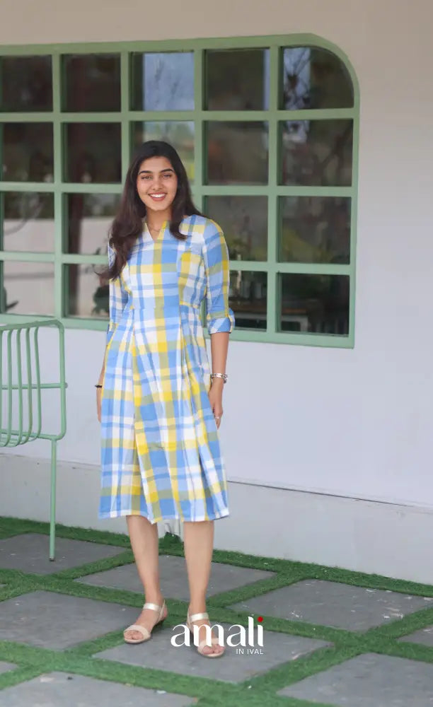 Pastel Blue Checks Indo Western Dress - salwar