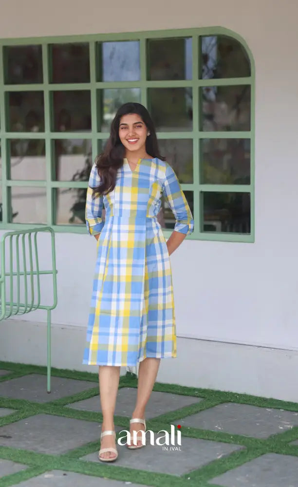 Pastel Blue Checks Indo Western Dress – Amali Salwars