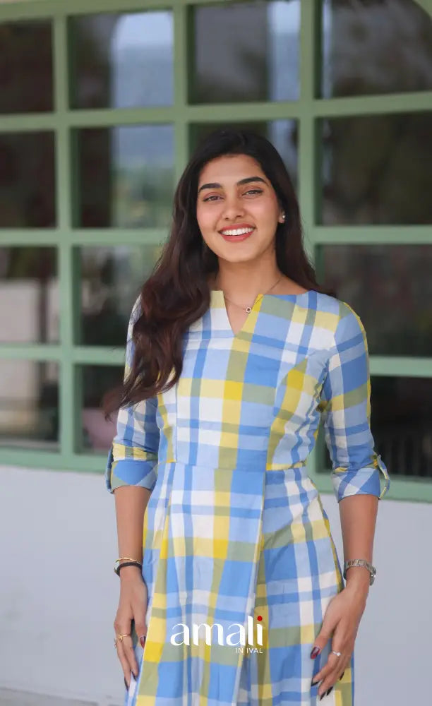 Pastel Blue Checks Indo Western Dress - salwar