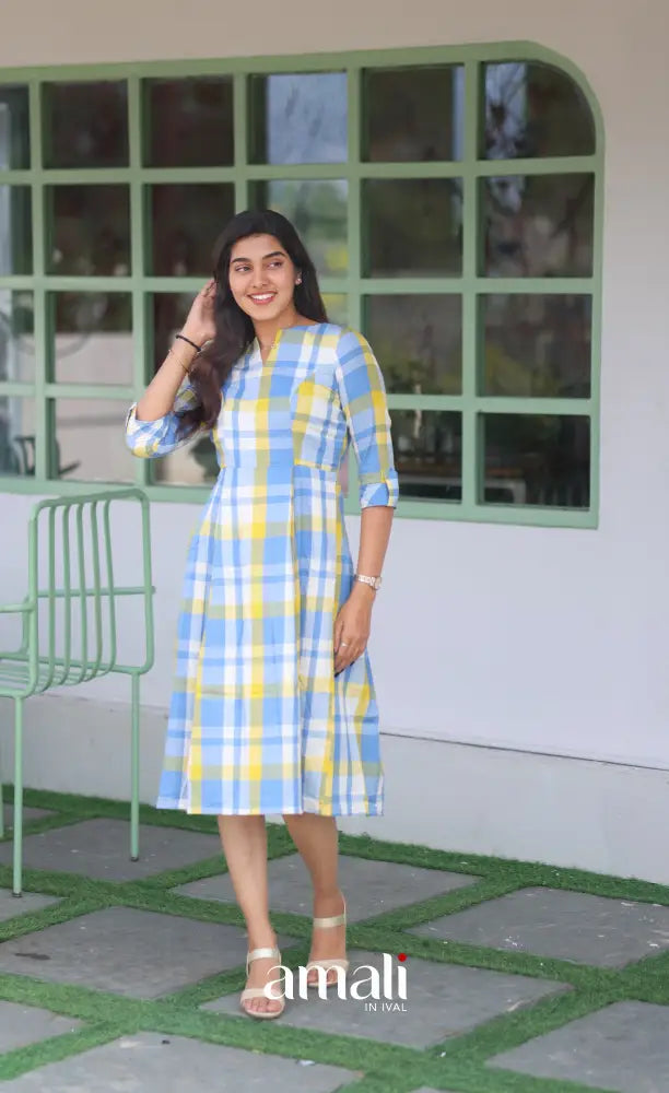 Pastel Blue Checks Indo Western Dress - salwar