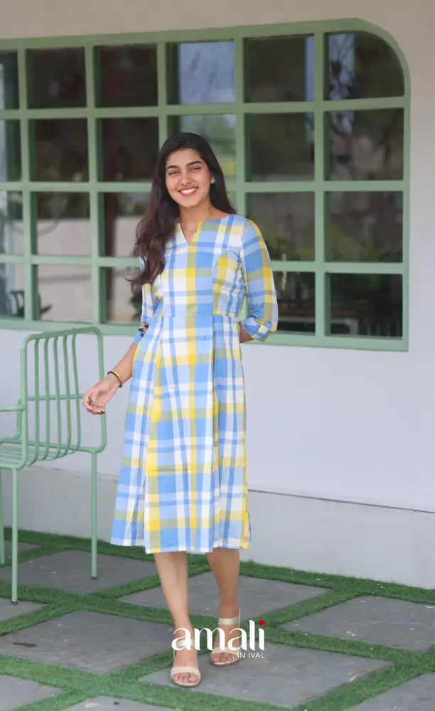 Pastel Blue Checks Indo Western Dress - salwar