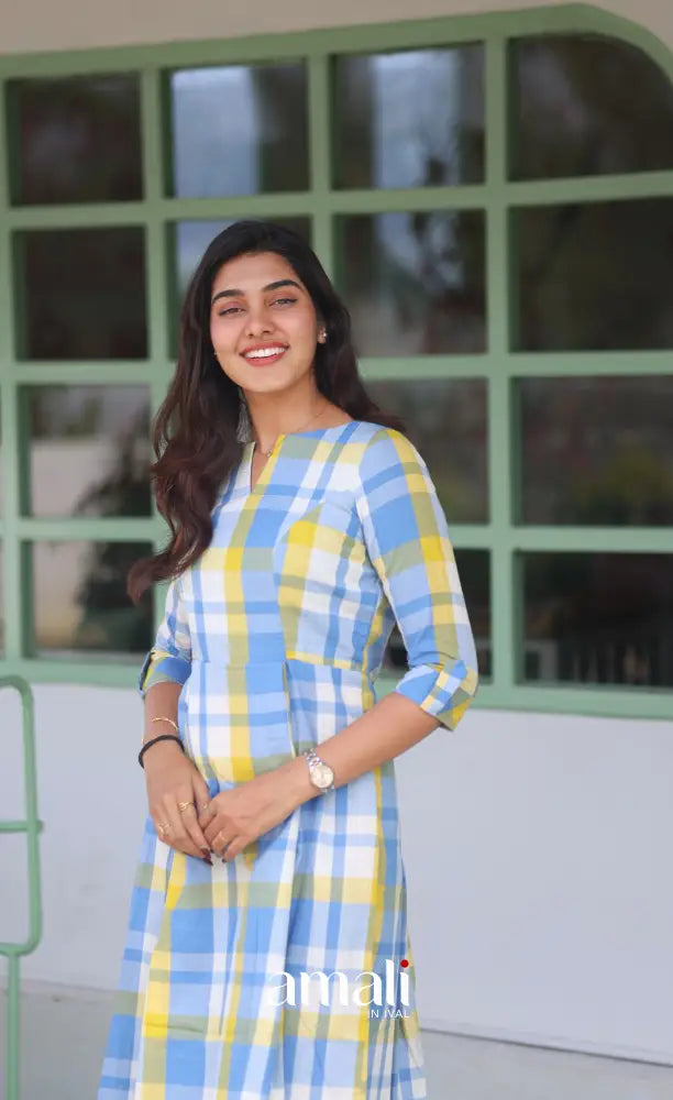 Pastel Blue Checks Indo Western Dress - salwar