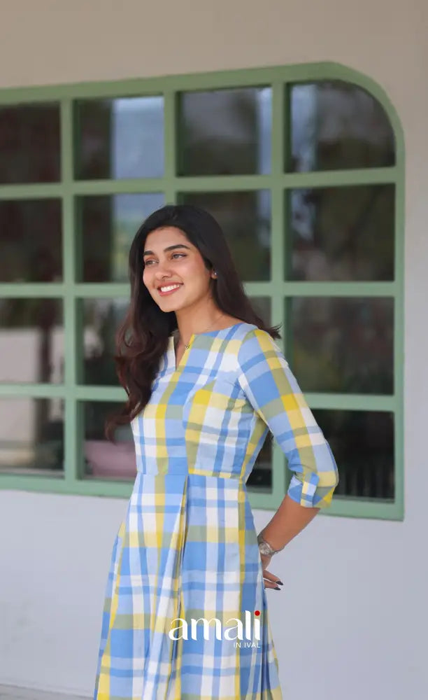 Pastel Blue Checks Indo Western Dress - salwar
