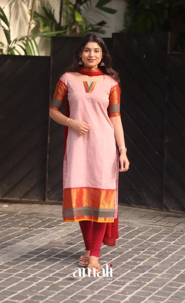 Pastel Pink and Reddish Maroon Chettinad Cotton Salwar Set - salwar