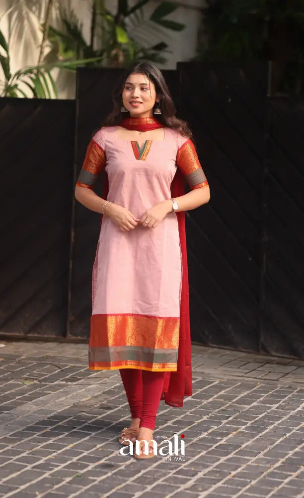 Pastel Pink and Reddish Maroon Chettinad Cotton Salwar Set - salwar