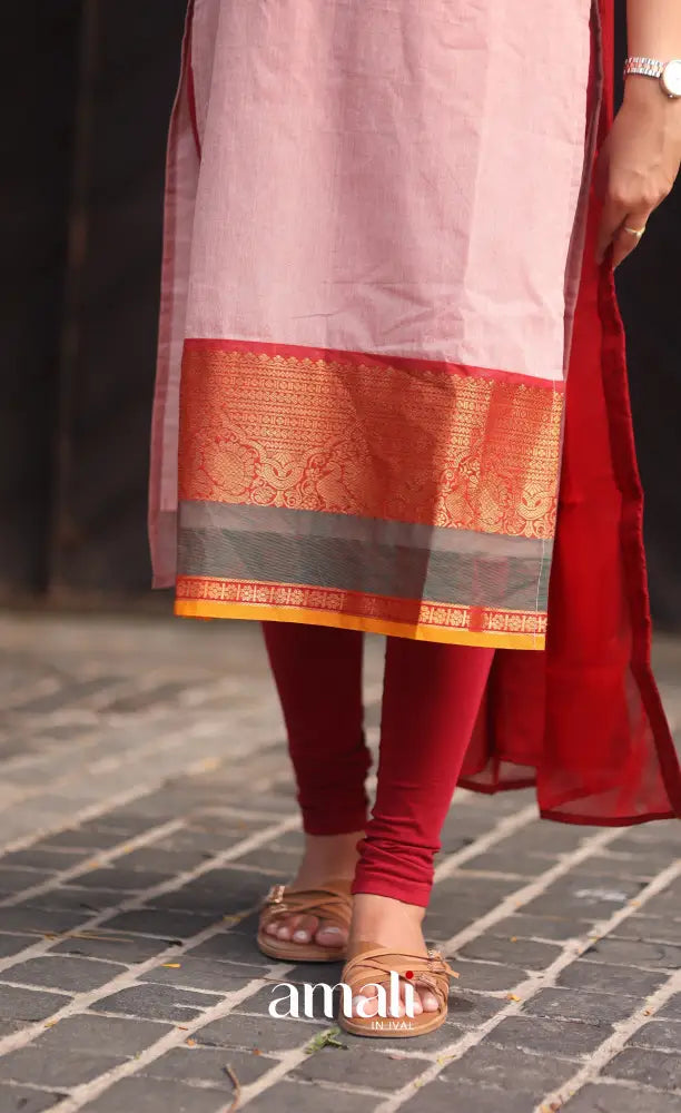 Pastel Pink and Reddish Maroon Chettinad Cotton Salwar Set - salwar