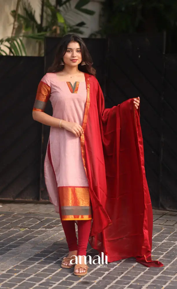 Pastel Pink and Reddish Maroon Chettinad Cotton Salwar Set - salwar