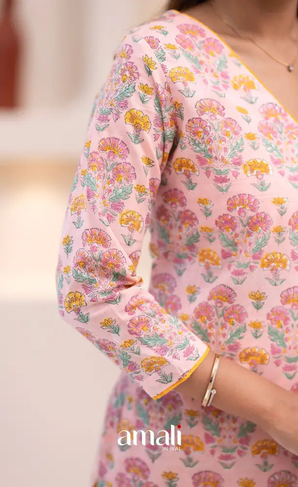 Pastel Pink and Yellow Jaipur Print Cotton Top and Pant - salwar