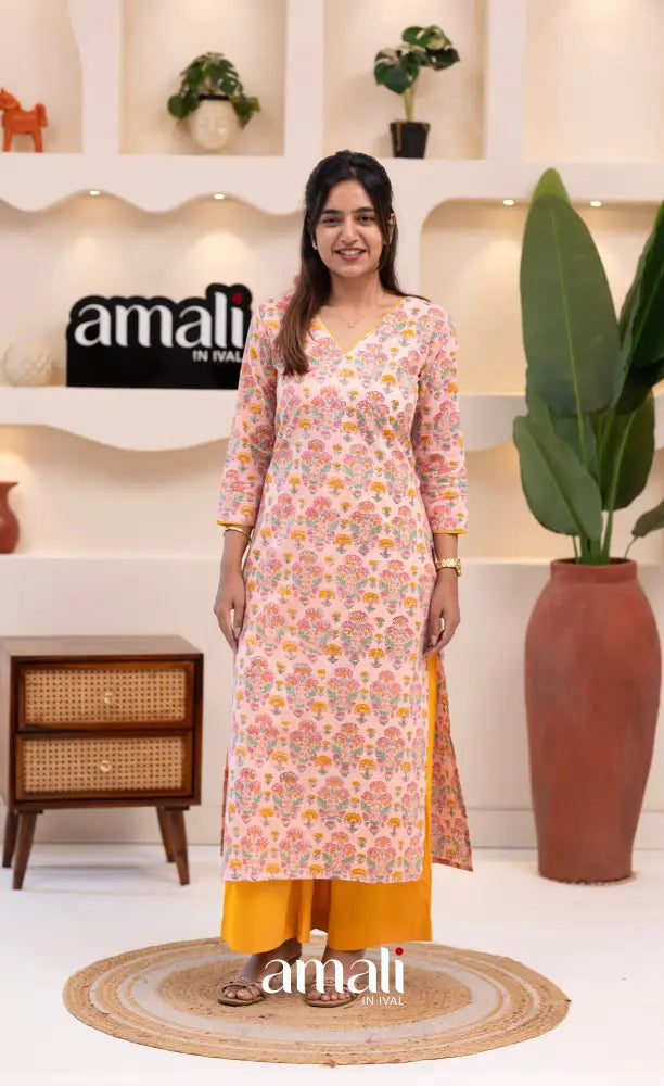 Pastel Pink and Yellow Jaipur Print Cotton Top and Pant - salwar