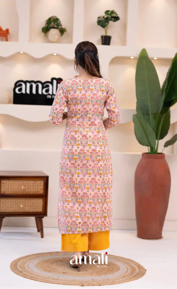 Pastel Pink and Yellow Jaipur Print Cotton Top and Pant - salwar