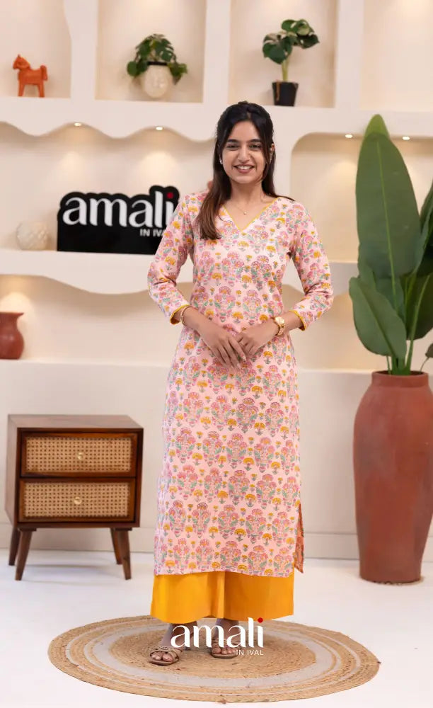 Pastel Pink and Yellow Jaipur Print Cotton Top and Pant - salwar