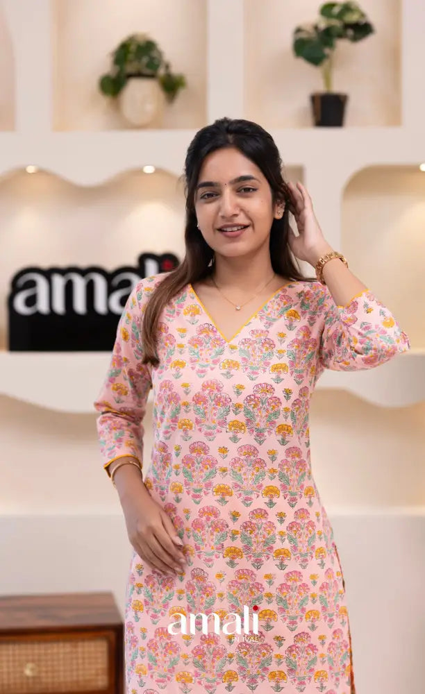 Pastel Pink and Yellow Jaipur Print Cotton Top and Pant - salwar
