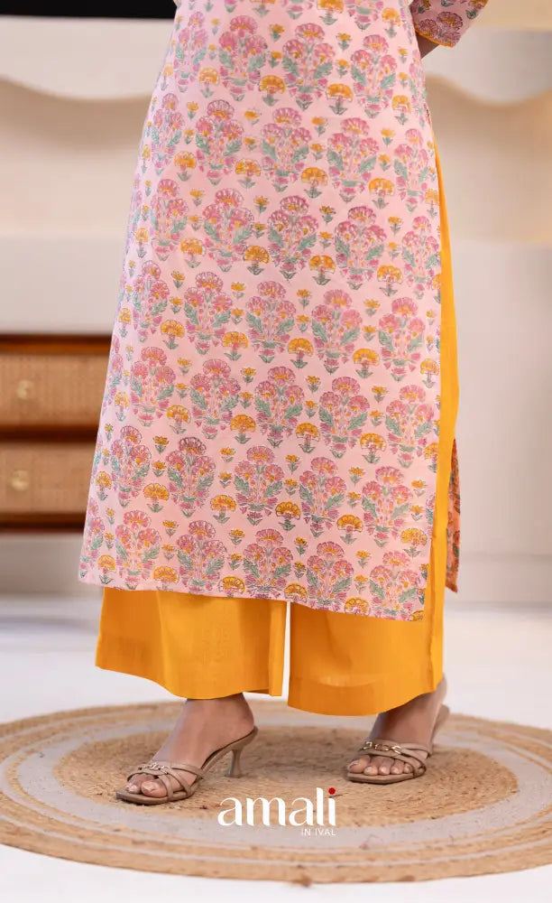 Pastel Pink and Yellow Jaipur Print Cotton Top and Pant - salwar