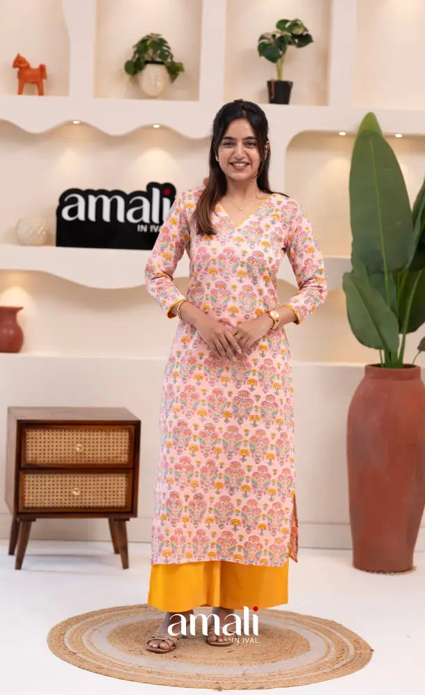 Pastel Pink and Yellow Jaipur Print Cotton Top and Pant - salwar