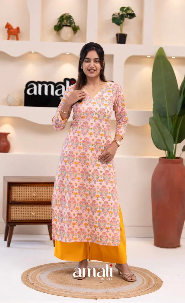 Pastel Pink and Yellow Jaipur Print Cotton Top and Pant - salwar