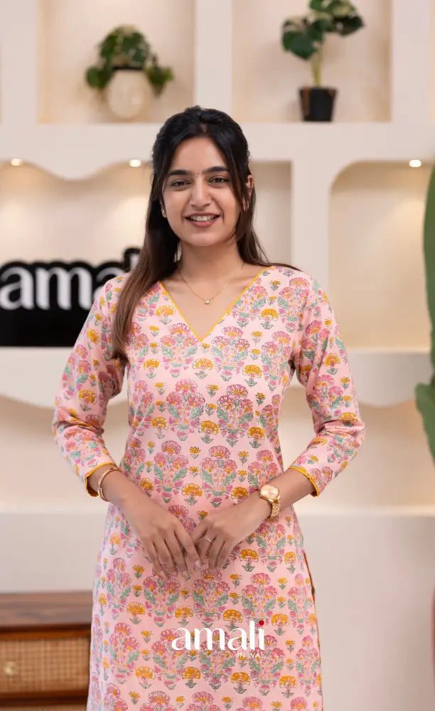 Pastel Pink and Yellow Jaipur Print Cotton Top and Pant - salwar