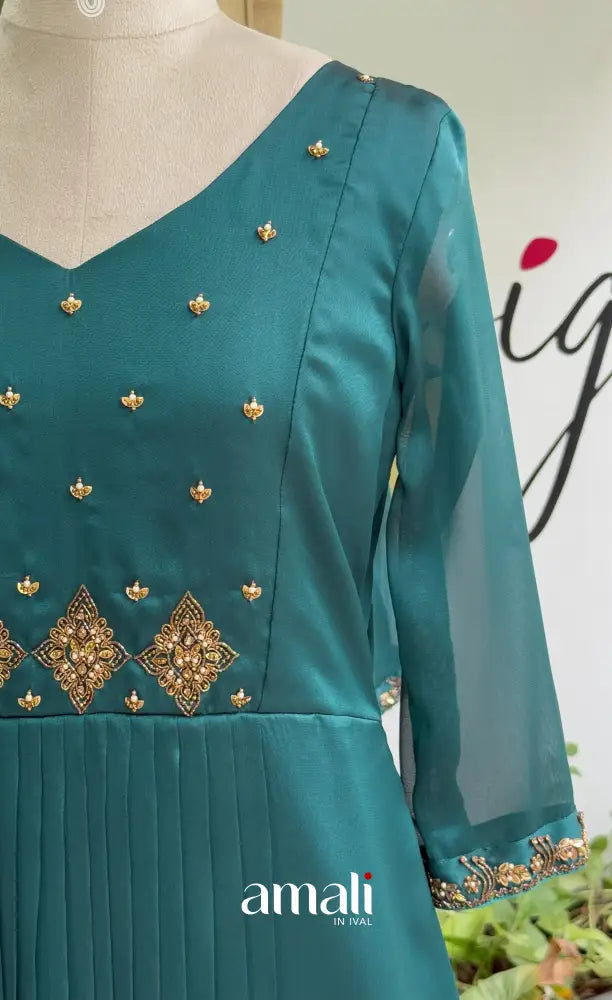 Peacock Blue Aari Handworked Georgette A-Line Top - salwar
