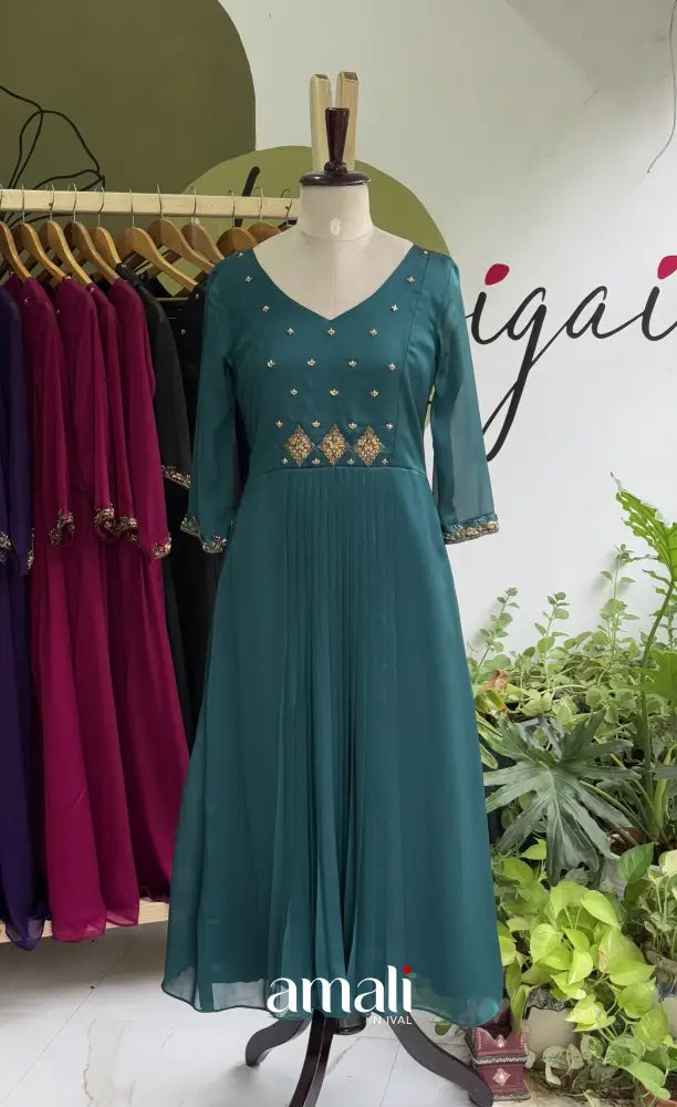 Peacock Blue Aari Handworked Georgette A-Line Top - salwar