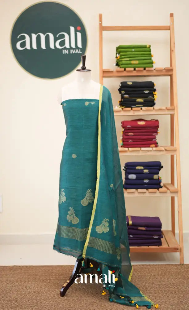 Peacock Blue Handloom Linen Unstitched Salwar Set - salwar