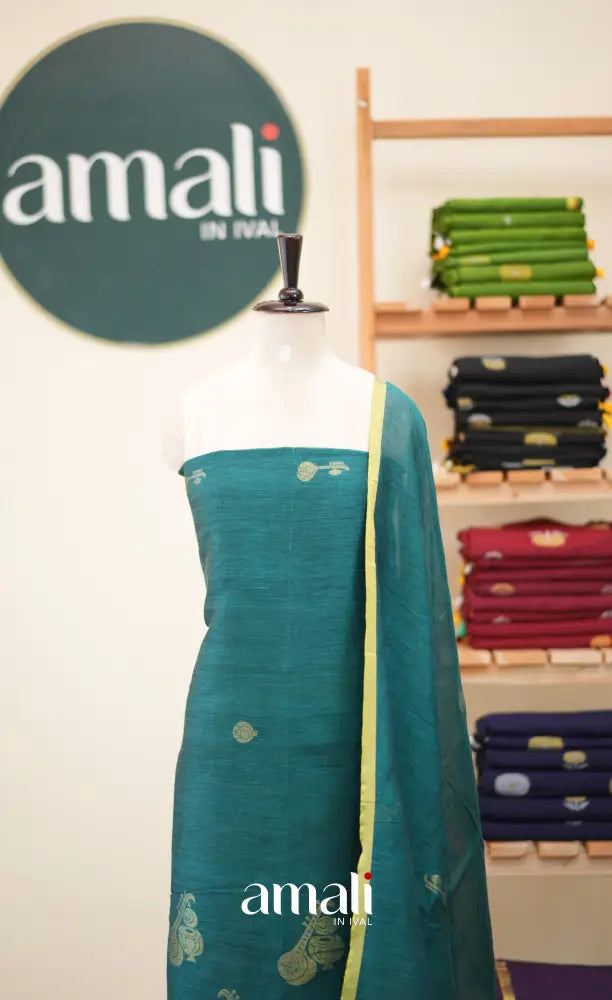 Peacock Blue Handloom Linen Unstitched Salwar Set - salwar