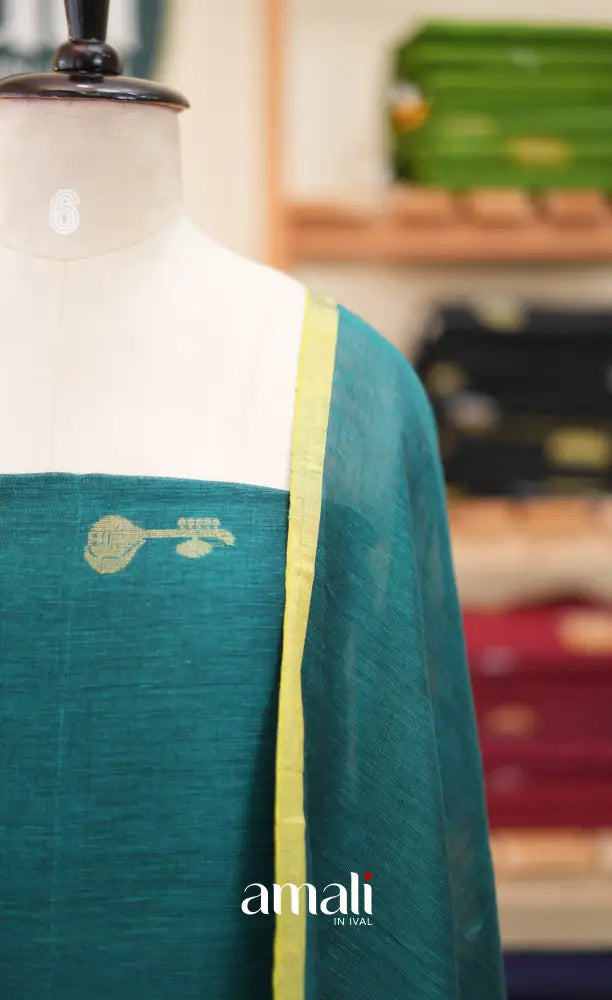 Peacock Blue Handloom Linen Unstitched Salwar Set - salwar