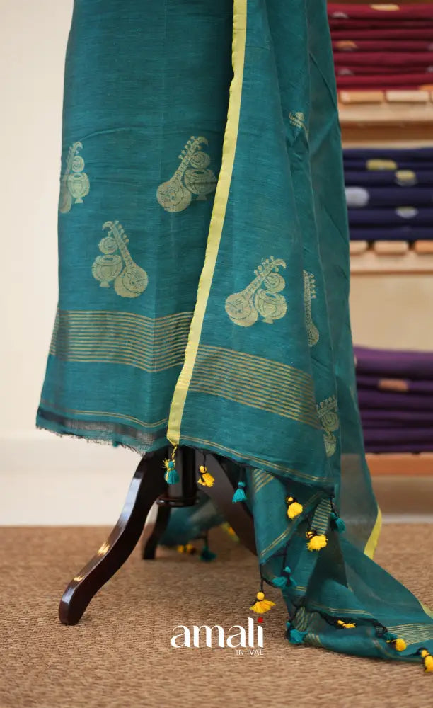 Peacock Blue Handloom Linen Unstitched Salwar Set - salwar