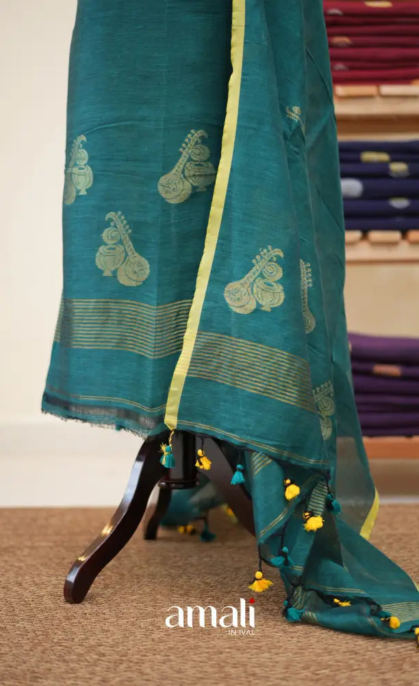 Peacock Blue Handloom Linen Unstitched Salwar Set - salwar