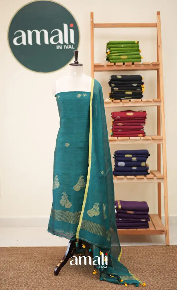 Peacock Blue Handloom Linen Unstitched Salwar Set - salwar