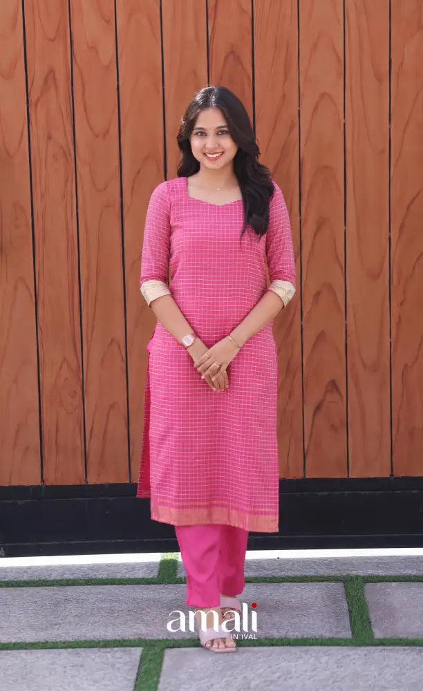 Pink and Cream Silk Cotton Salwar - salwar