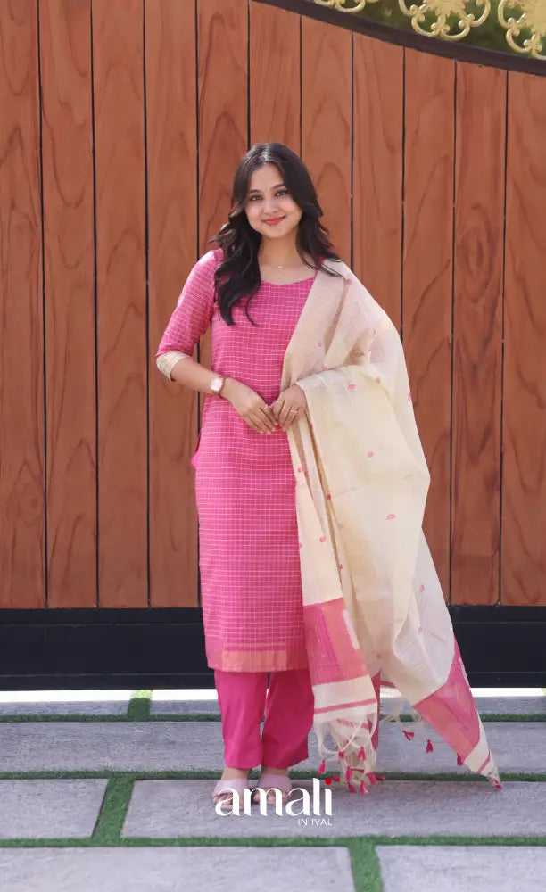 Pink and Cream Silk Cotton Salwar - salwar