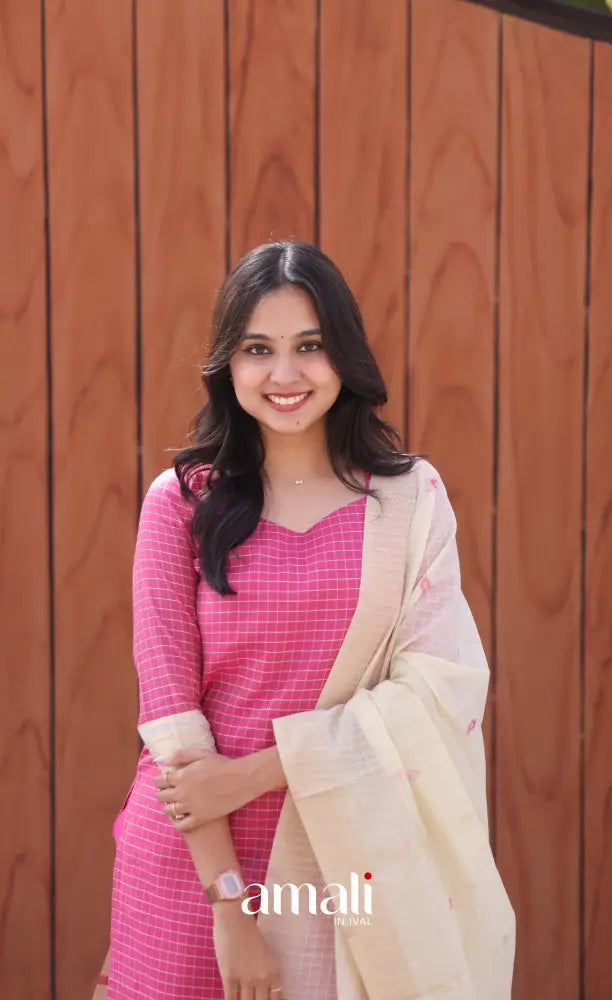 Pink and Cream Silk Cotton Salwar - salwar