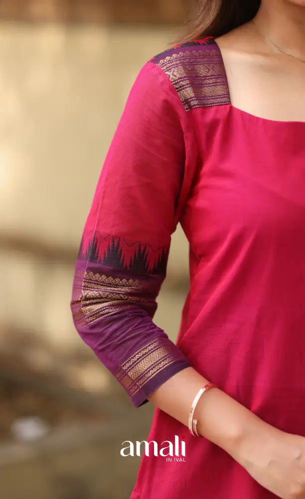 Pink and Dark Purple Chettinad Cotton Salwar Set - salwar