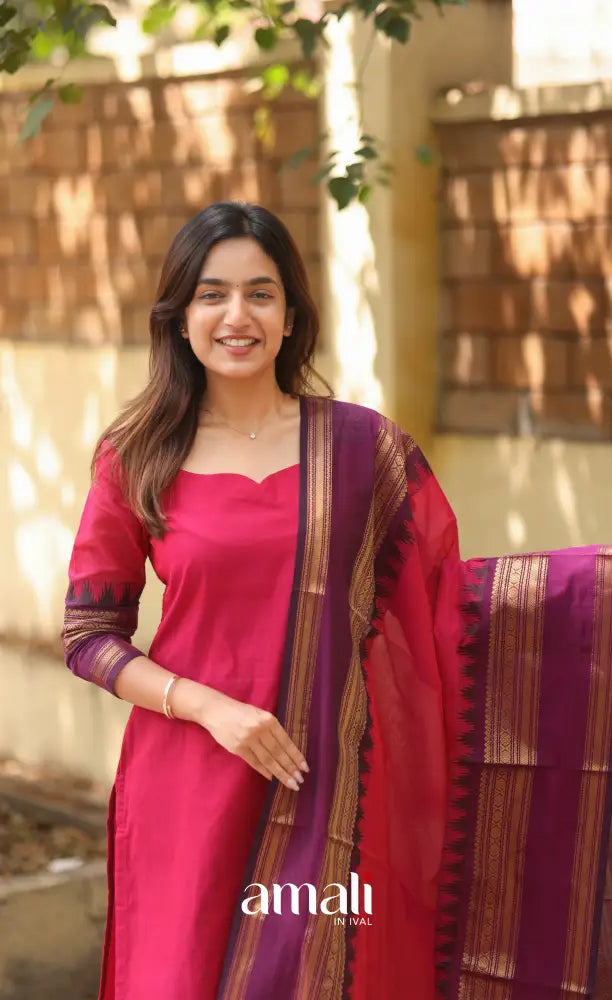 Pink and Dark Purple Chettinad Cotton Salwar Set - salwar