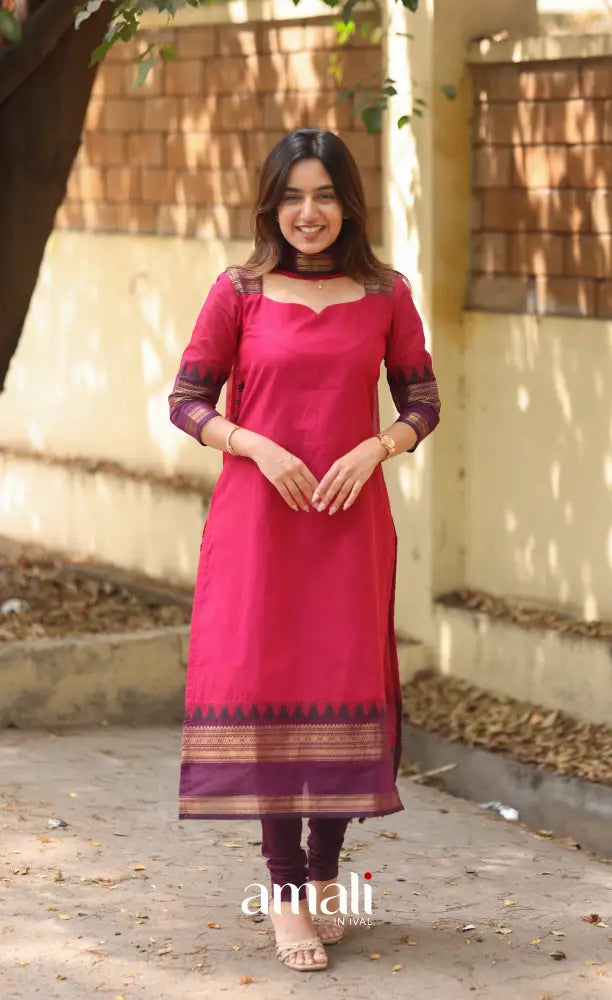 Pink and Dark Purple Chettinad Cotton Salwar Set - salwar