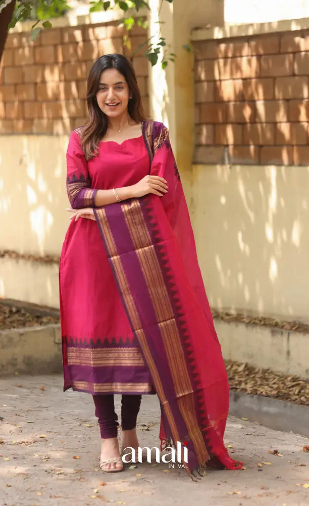Pink and Dark Purple Chettinad Cotton Salwar Set - salwar