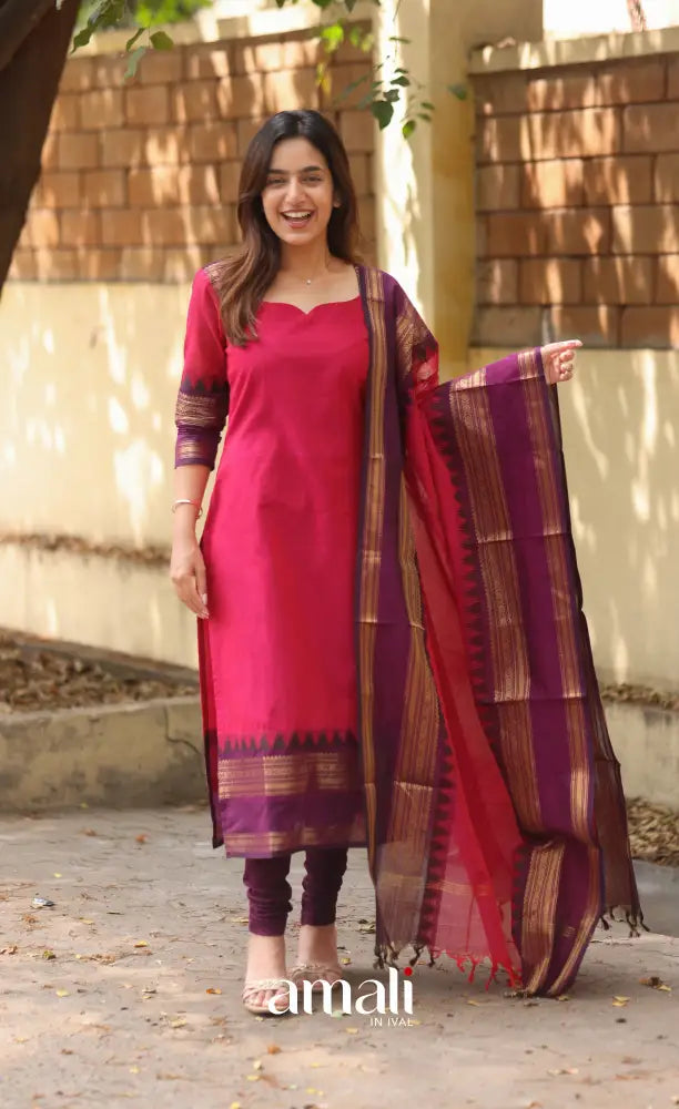 Pink and Dark Purple Chettinad Cotton Salwar Set - salwar